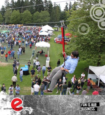 Mobile Zipwire Hire for fun events Large corporate fun event image featuring many people on a warm summer's day. A man dangles from a zip line with the crowds below on the grass covered showground